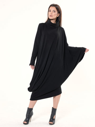 Soft Loose Turtleneck Dress In Black