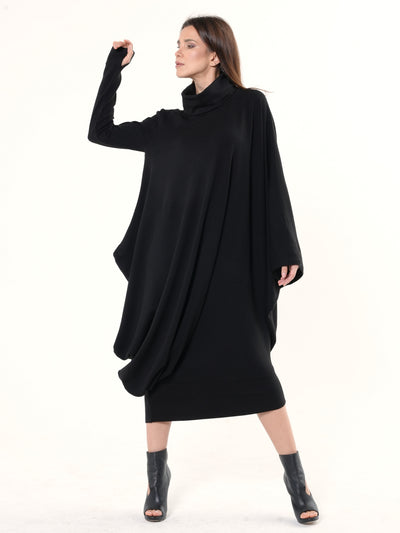 Soft Loose Turtleneck Dress In Black