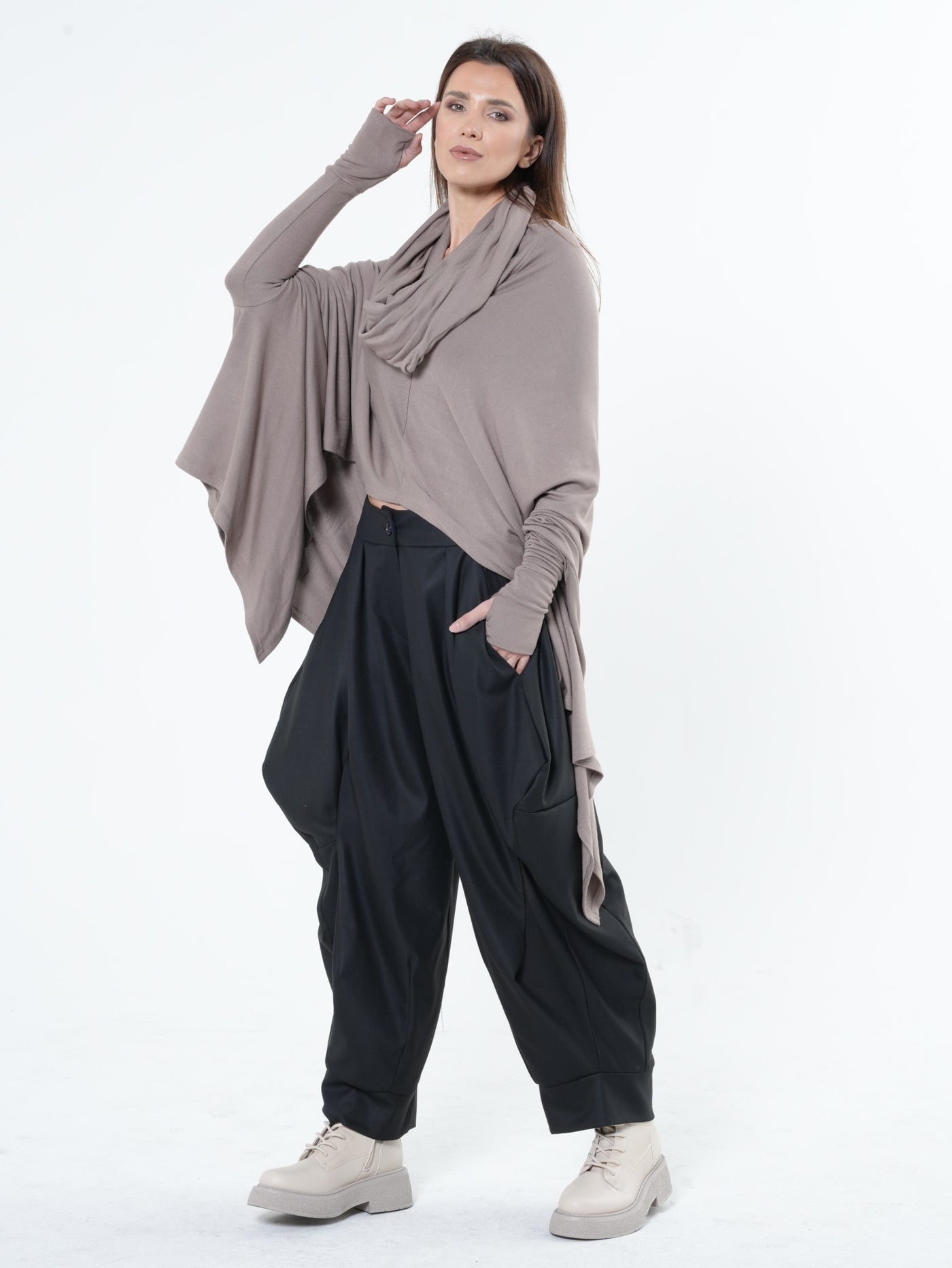 Extravagant Tunic With Scarf Collar In Mocha