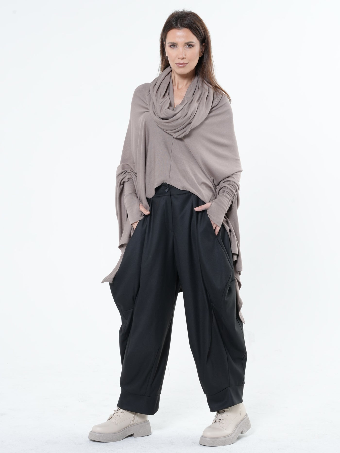 Extravagant Tunic With Scarf Collar In Gray