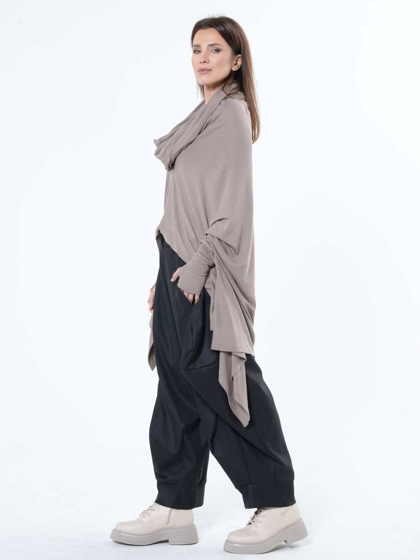 Extravagant Tunic With Scarf Collar In Mocha