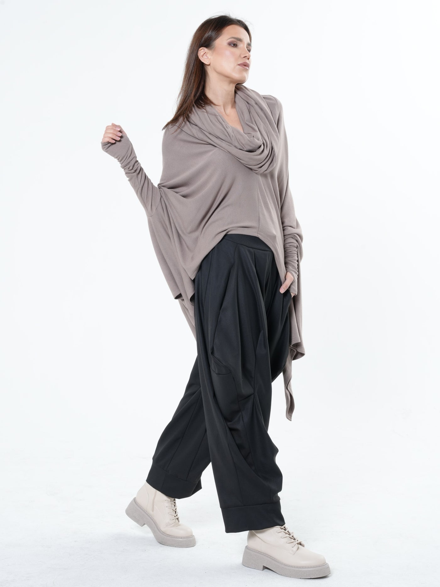 Extravagant Tunic With Scarf Collar In Mocha