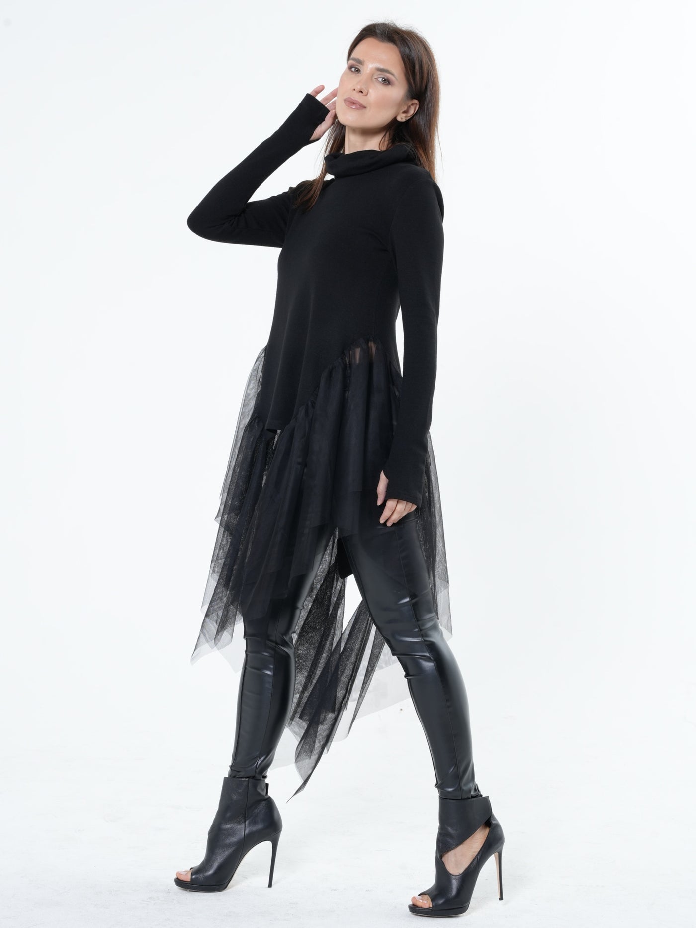 Knitted Turtleneck Tunic With Tulle