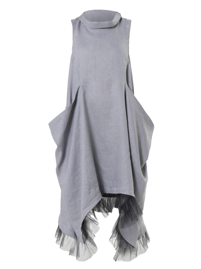 Linen Dress With Tulle Hem In Gray