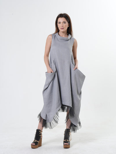 Linen Dress With Tulle Hem In Gray