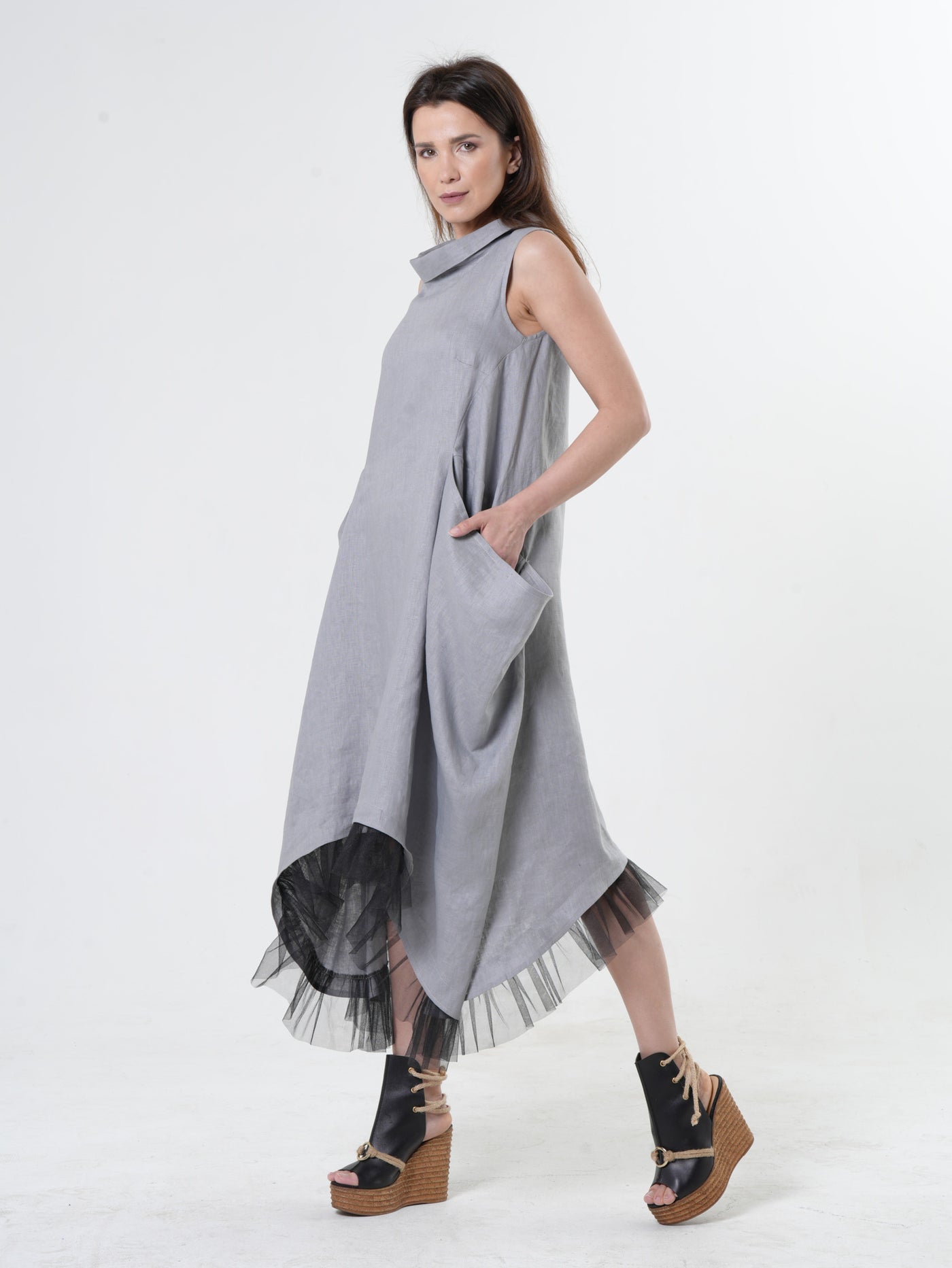 Linen Dress With Tulle Hem In Gray