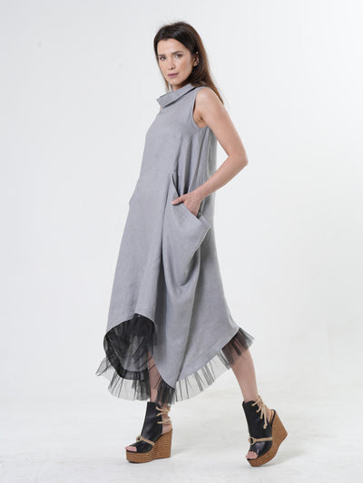 Linen Dress With Tulle Hem In Gray