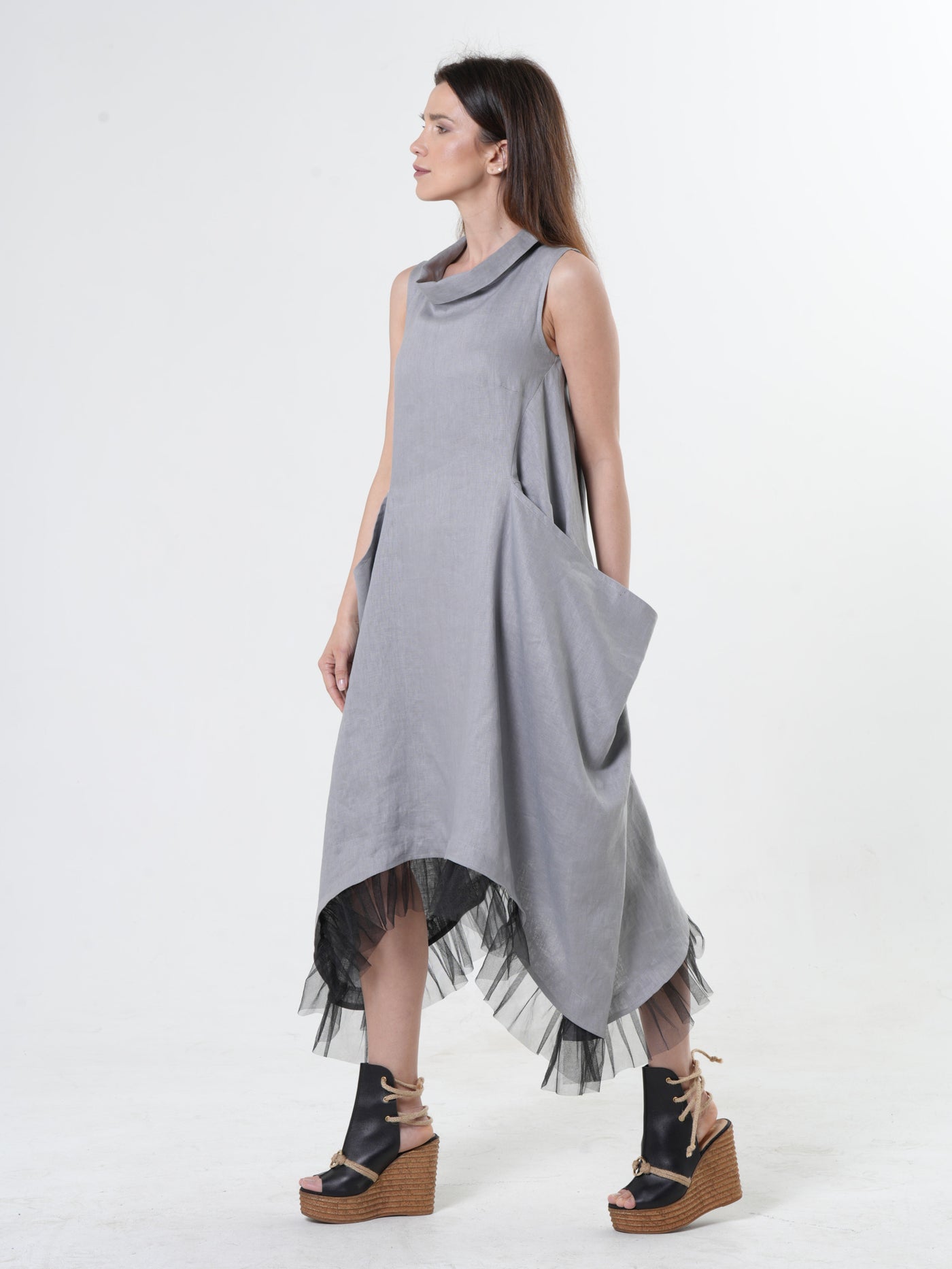 Linen Dress With Tulle Hem In Gray