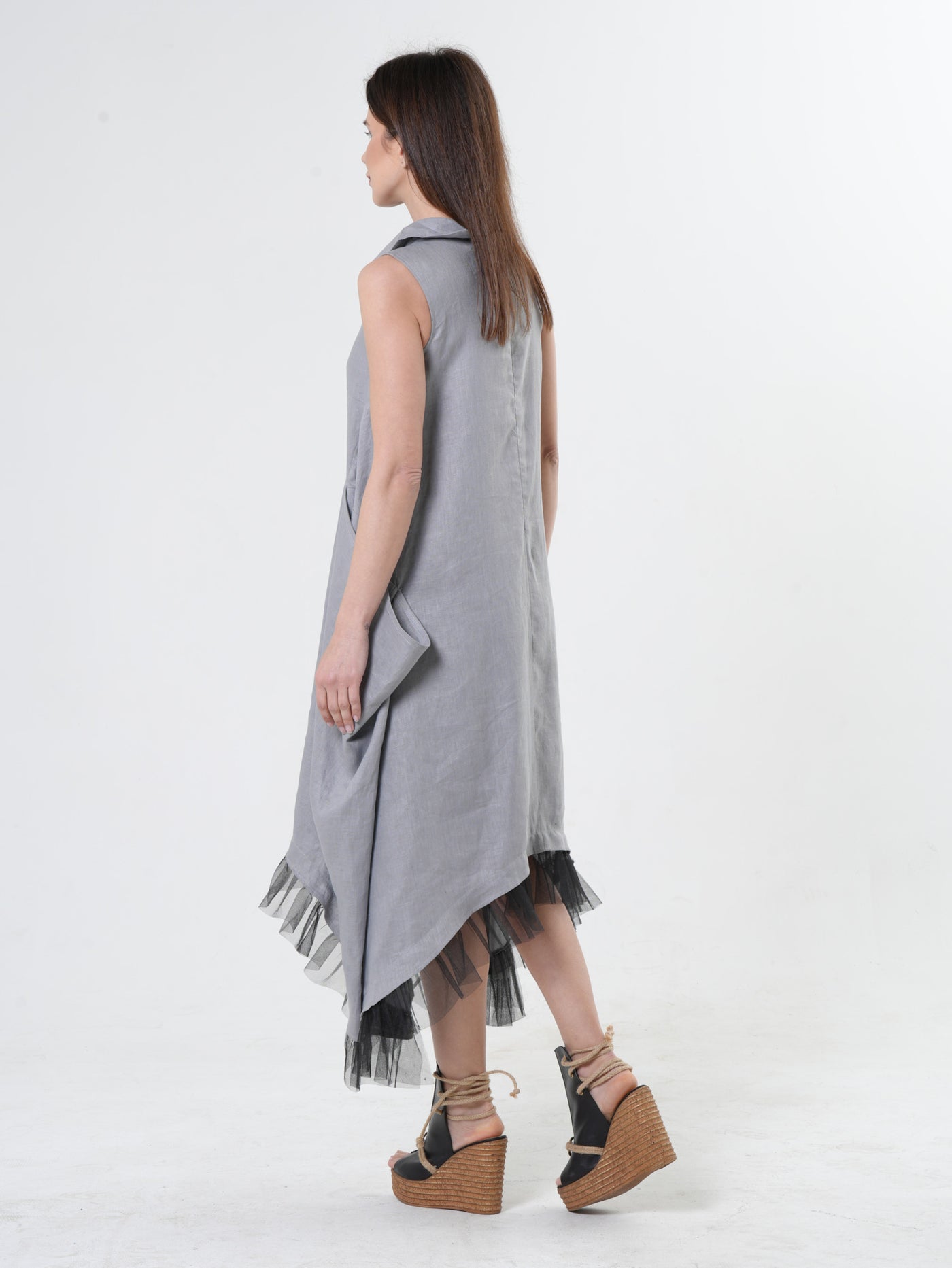 Linen Dress With Tulle Hem In Gray