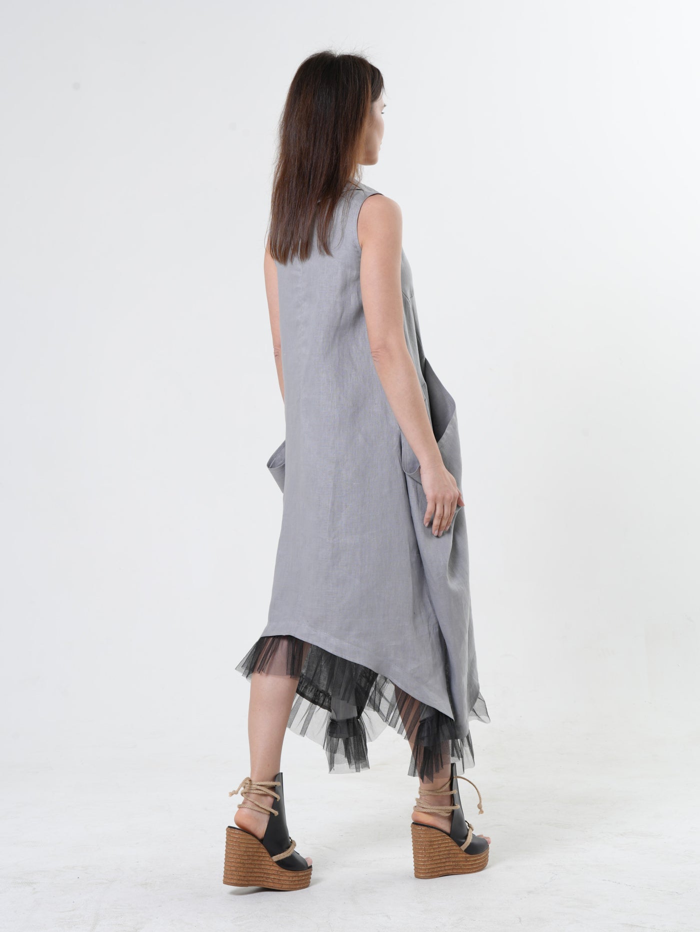 Linen Dress With Tulle Hem In Gray