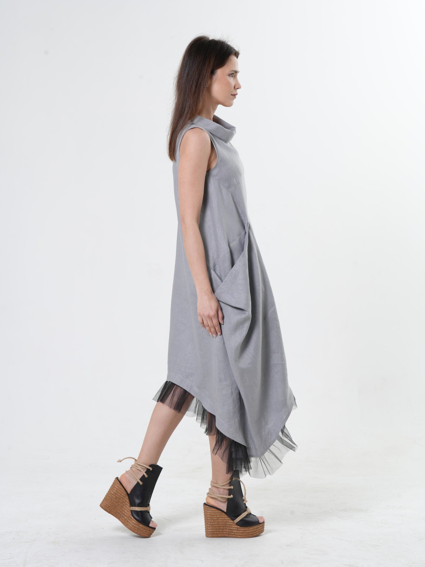 Linen Dress With Tulle Hem In Gray