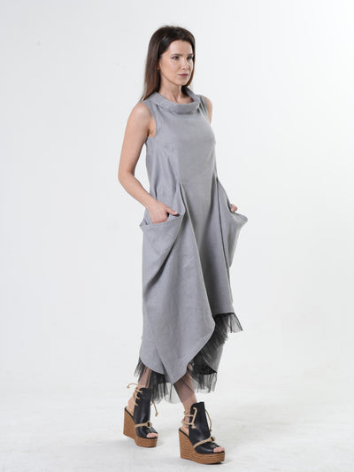 Linen Dress With Tulle Hem In Gray