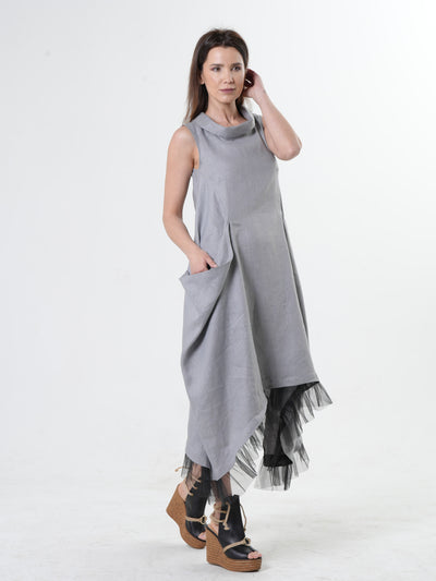 Linen Dress With Tulle Hem In Gray