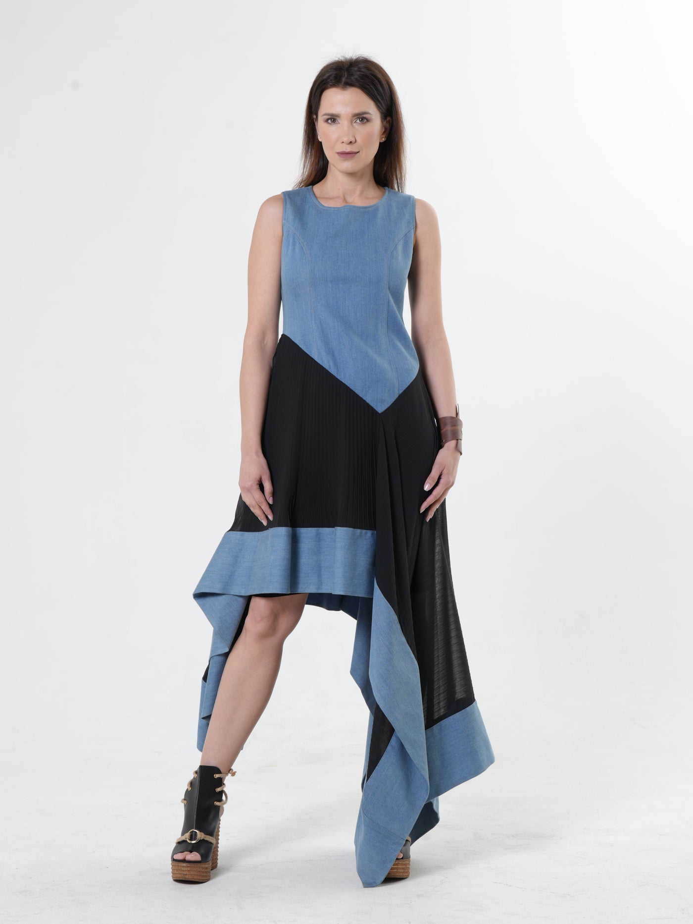 Asymmetric Denim Chiffon Dress