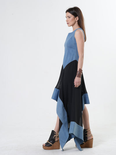 Asymmetric Denim Chiffon Dress