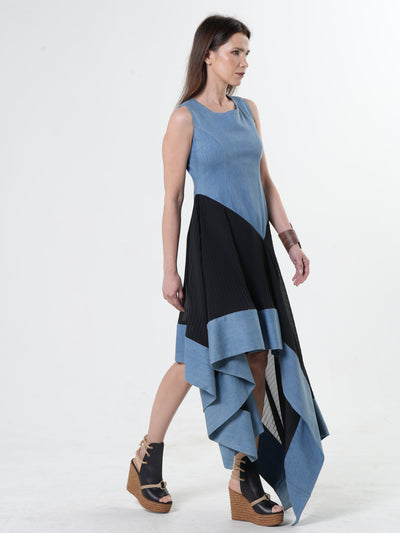 Asymmetric Denim Chiffon Dress