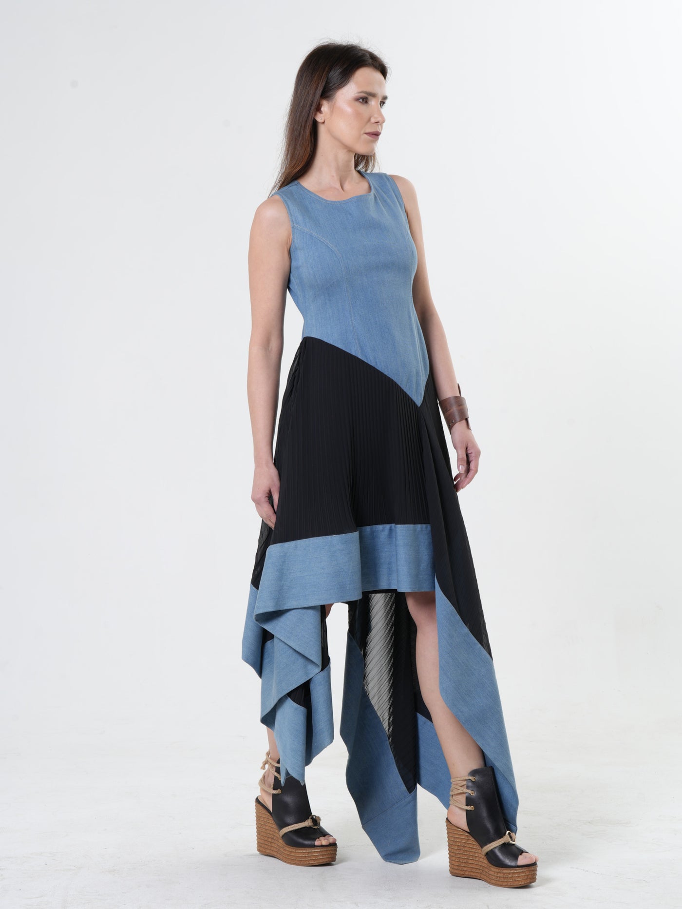 Asymmetric Denim Chiffon Dress