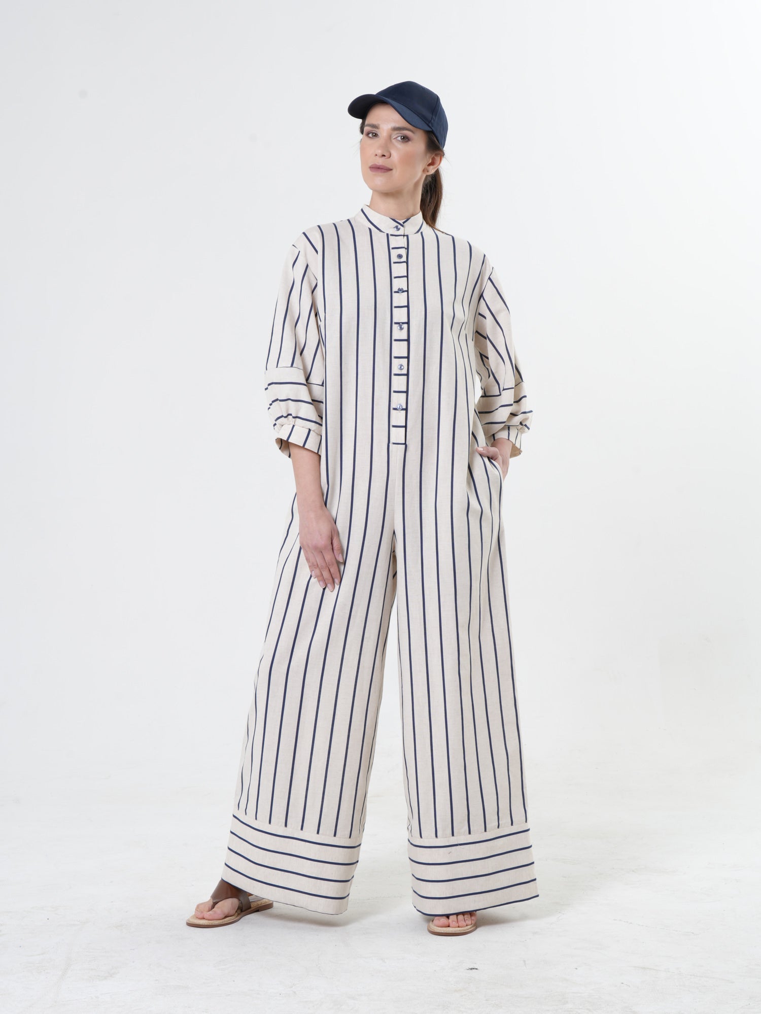 Maxi Linen Jumpsuit on Khaki Stripes – Metamorphoza