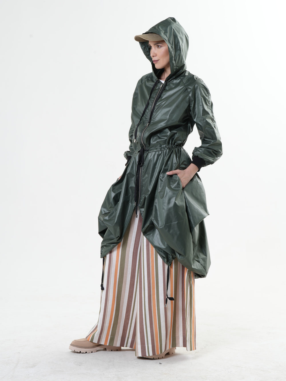 Asymmetric Hooded Raincoat In Green
