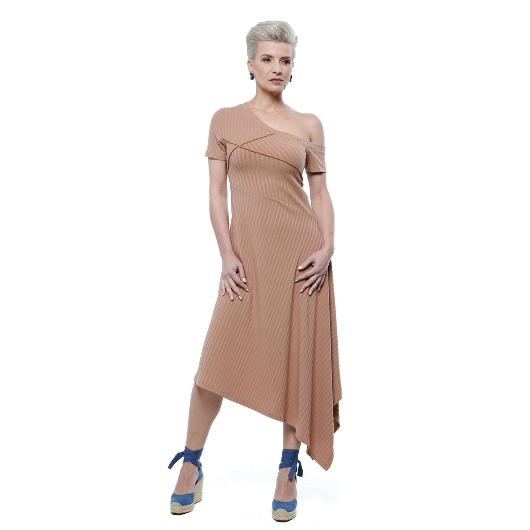 Open Shoulder Asymmetrical Dress In Camel Open Shoulder Asymmetrical Dress In Camel