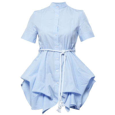 Belted Tunic Shirt With Drapings in Blue