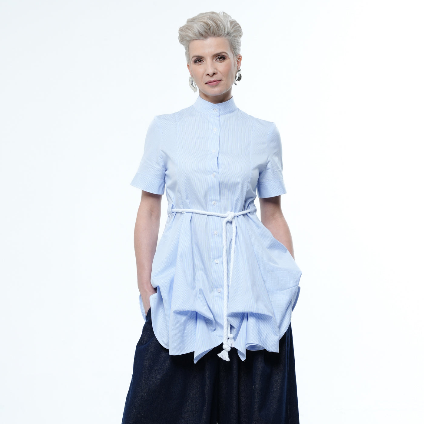 Belted Tunic Shirt With Drapings in Blue