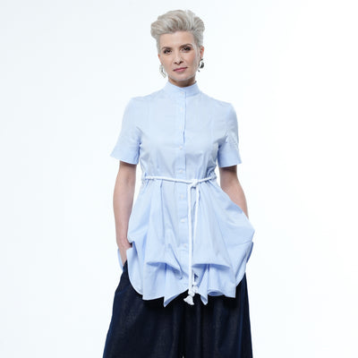 Belted Tunic Shirt With Drapings in Blue