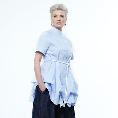Belted Tunic Shirt With Drapings in Blue