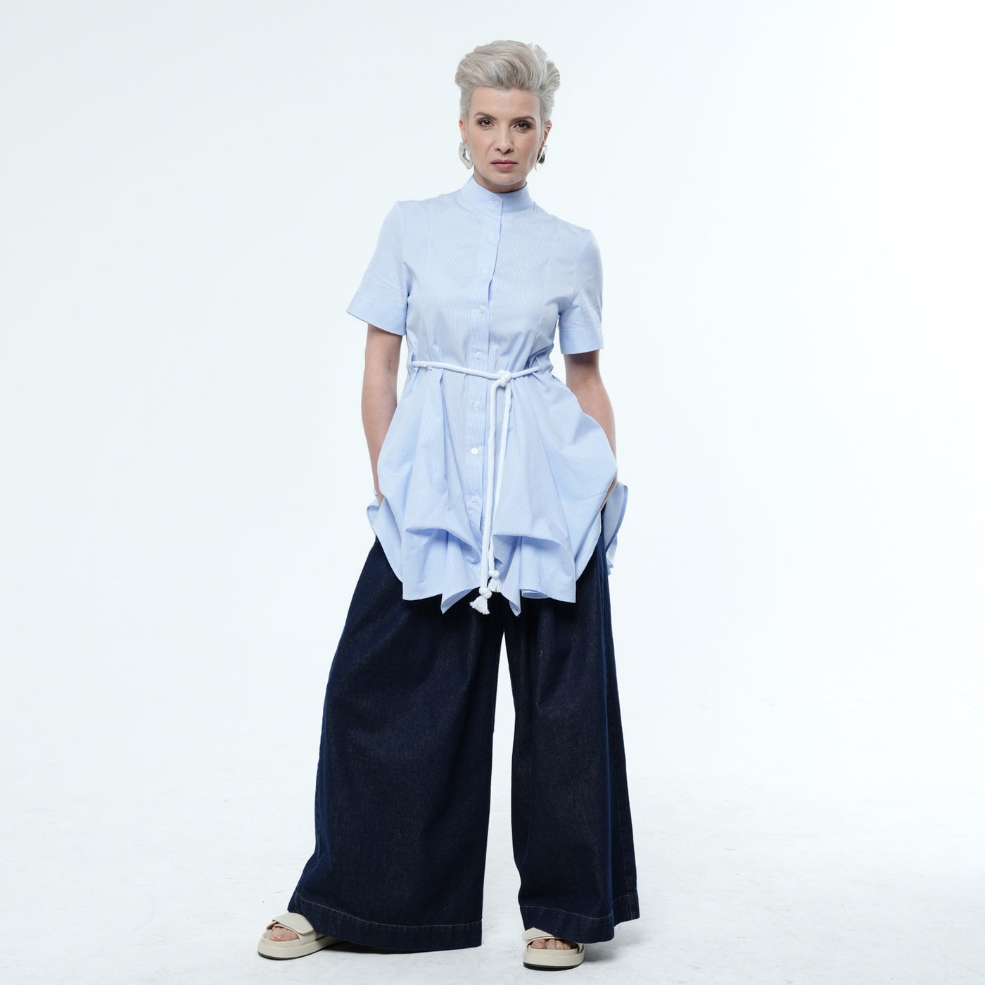Belted Tunic Shirt With Drapings in Blue