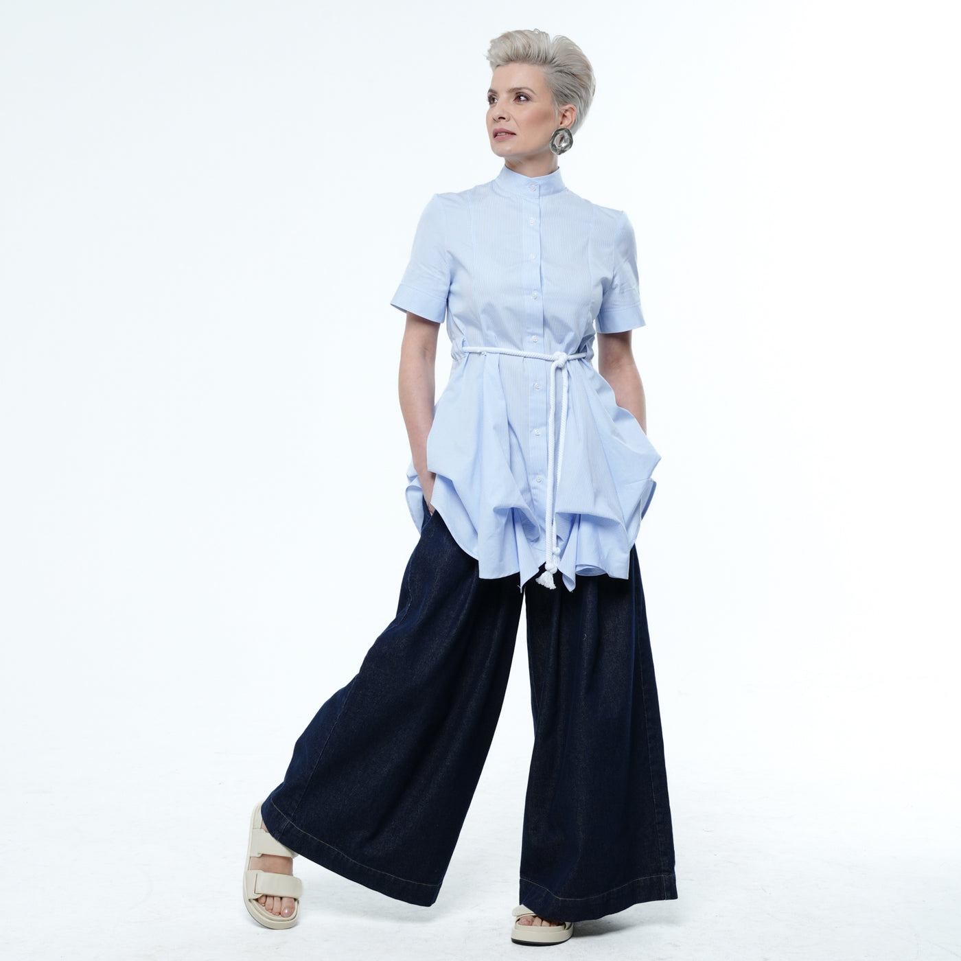 Belted Tunic Shirt With Drapings in Blue