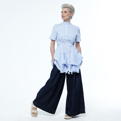 Belted Tunic Shirt With Drapings in Blue