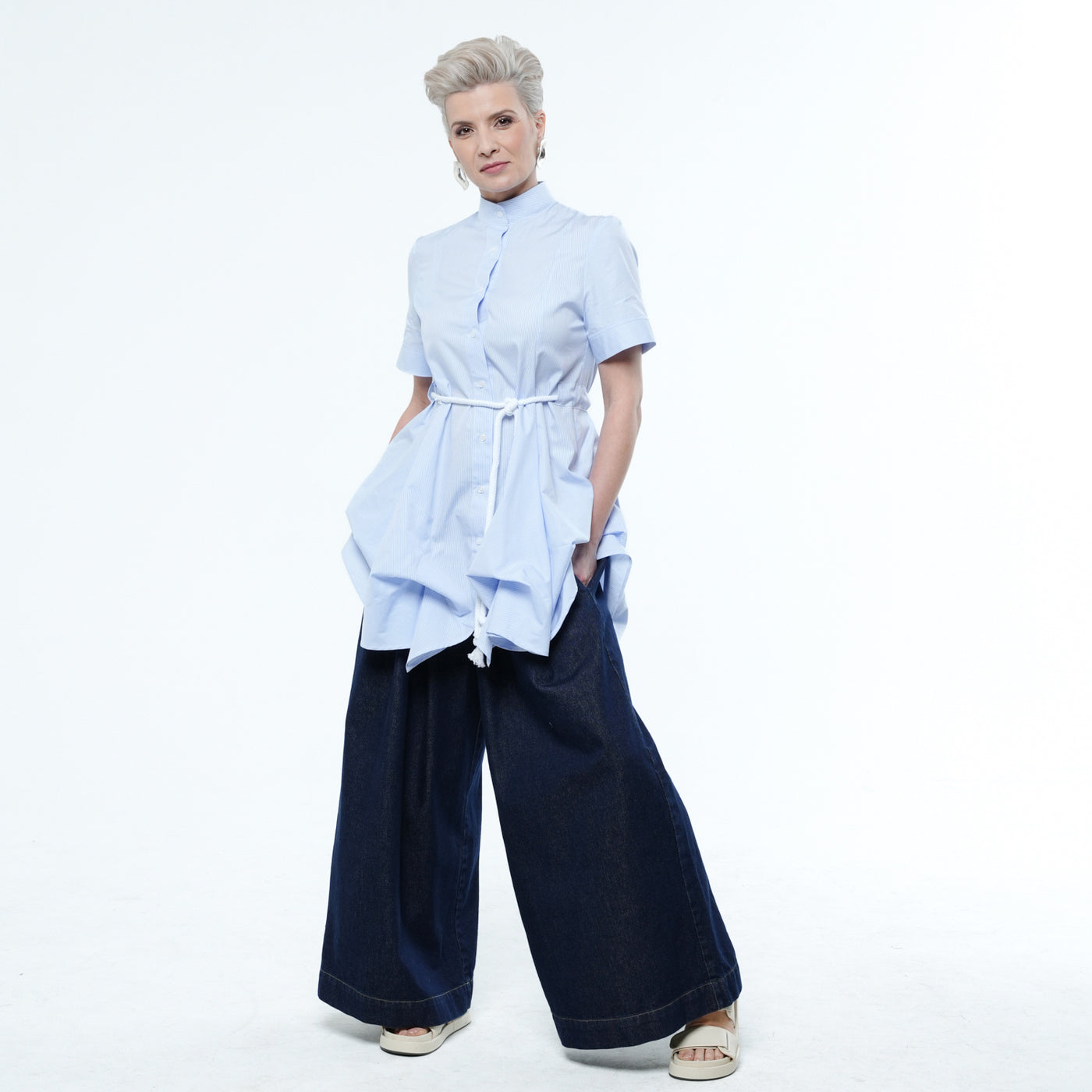 Belted Tunic Shirt With Drapings in Blue