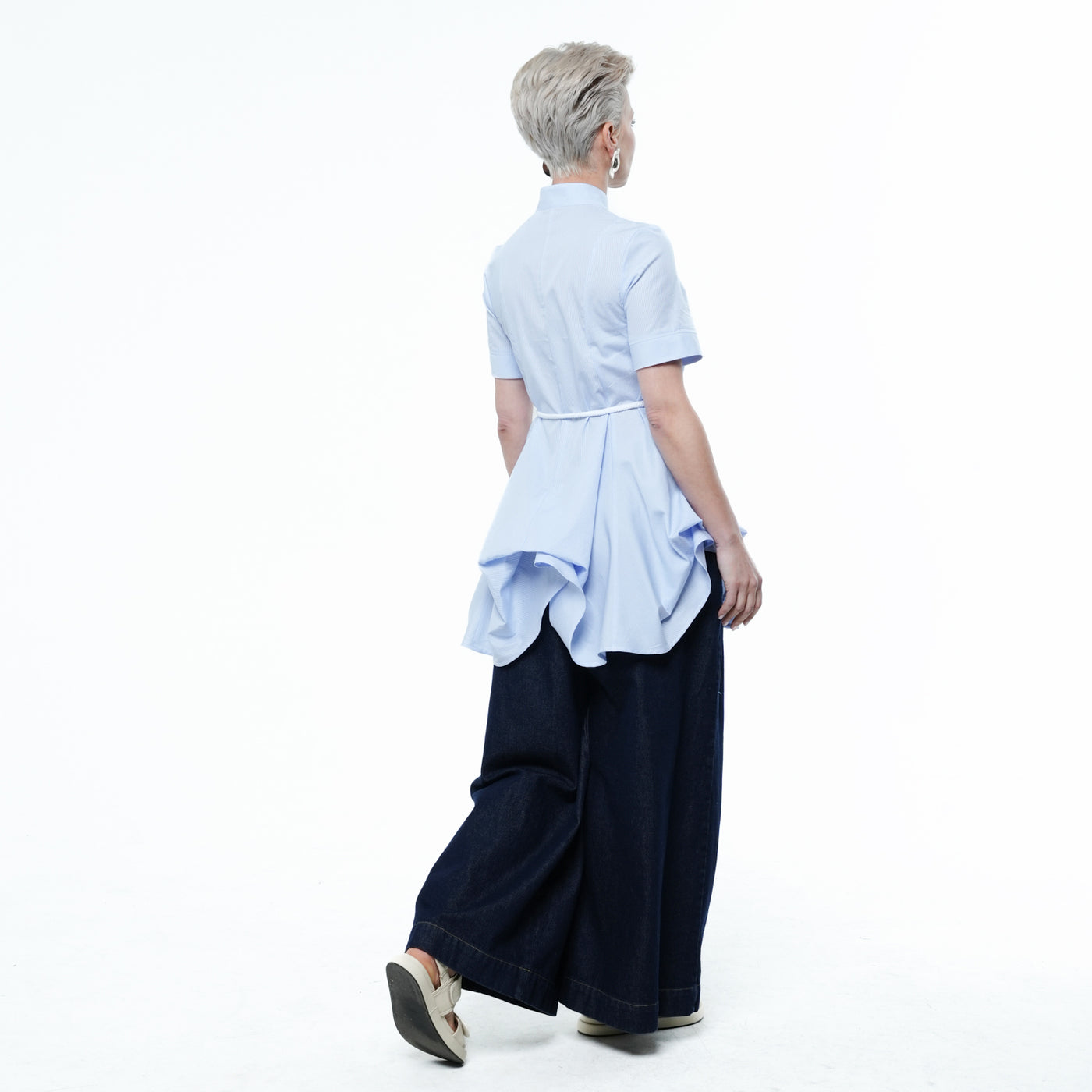 Belted Tunic Shirt With Drapings in Blue