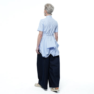 Belted Tunic Shirt With Drapings in Blue