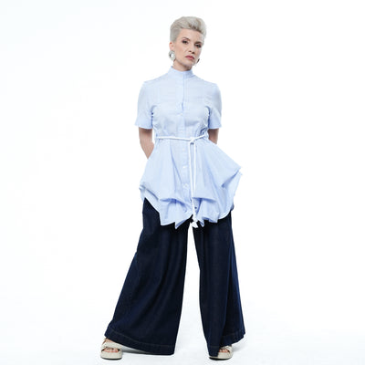 Belted Tunic Shirt With Drapings in Blue