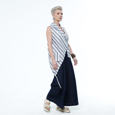 Sleeveless Top In White And Blue Stripes