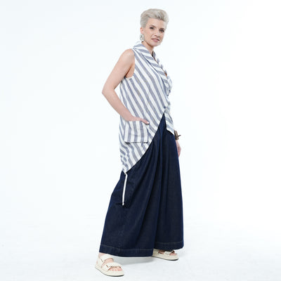 Sleeveless Top In White And Blue Stripes
