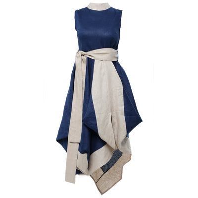 Asymmetrical Linen Dress In Blue and Beige