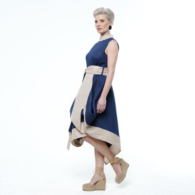 Asymmetrical Linen Dress In Blue and Beige