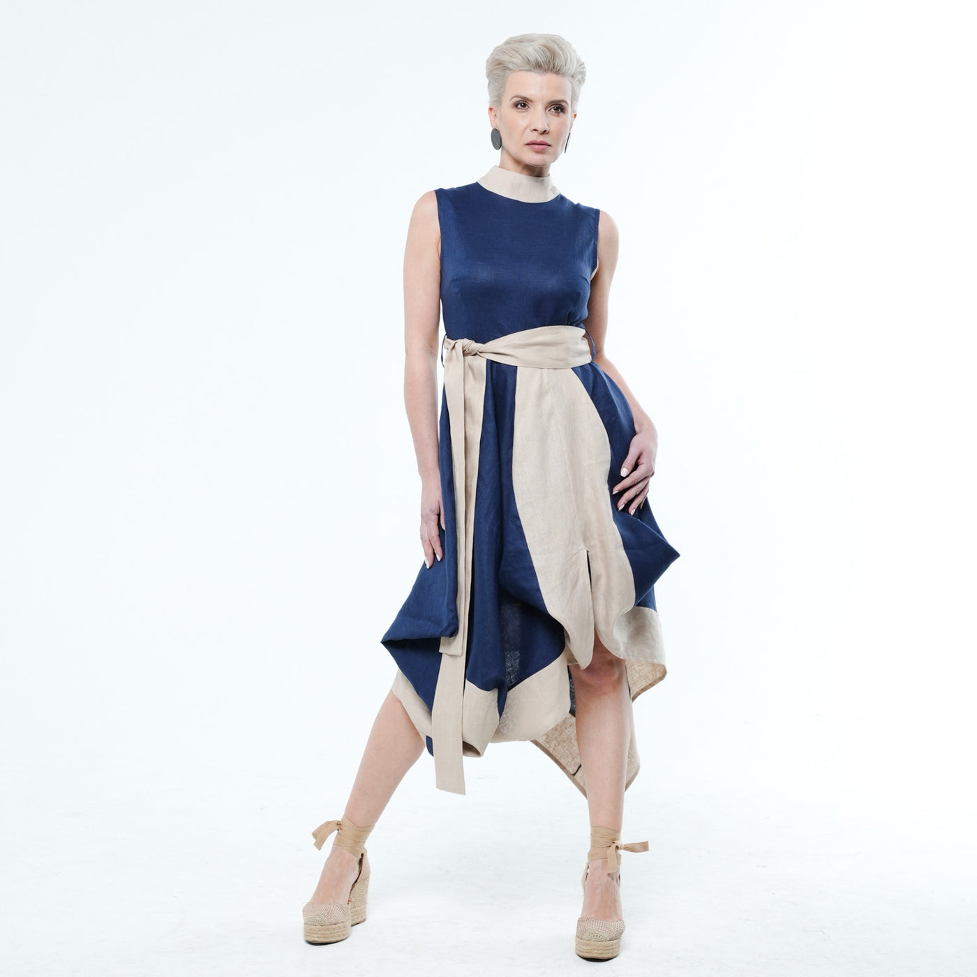 Asymmetrical Linen Dress In Blue and Beige
