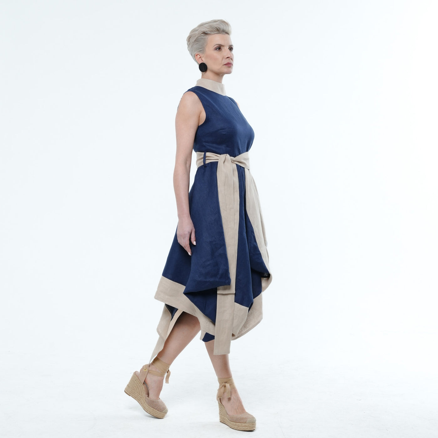 Asymmetrical Linen Dress In Blue and Beige