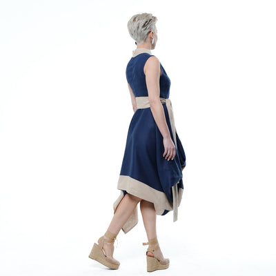 Asymmetrical Linen Dress In Blue and Beige