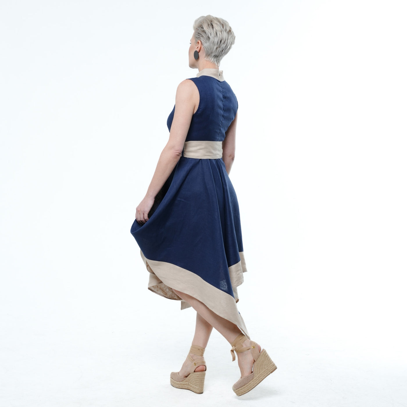 Asymmetrical Linen Dress In Blue and Beige