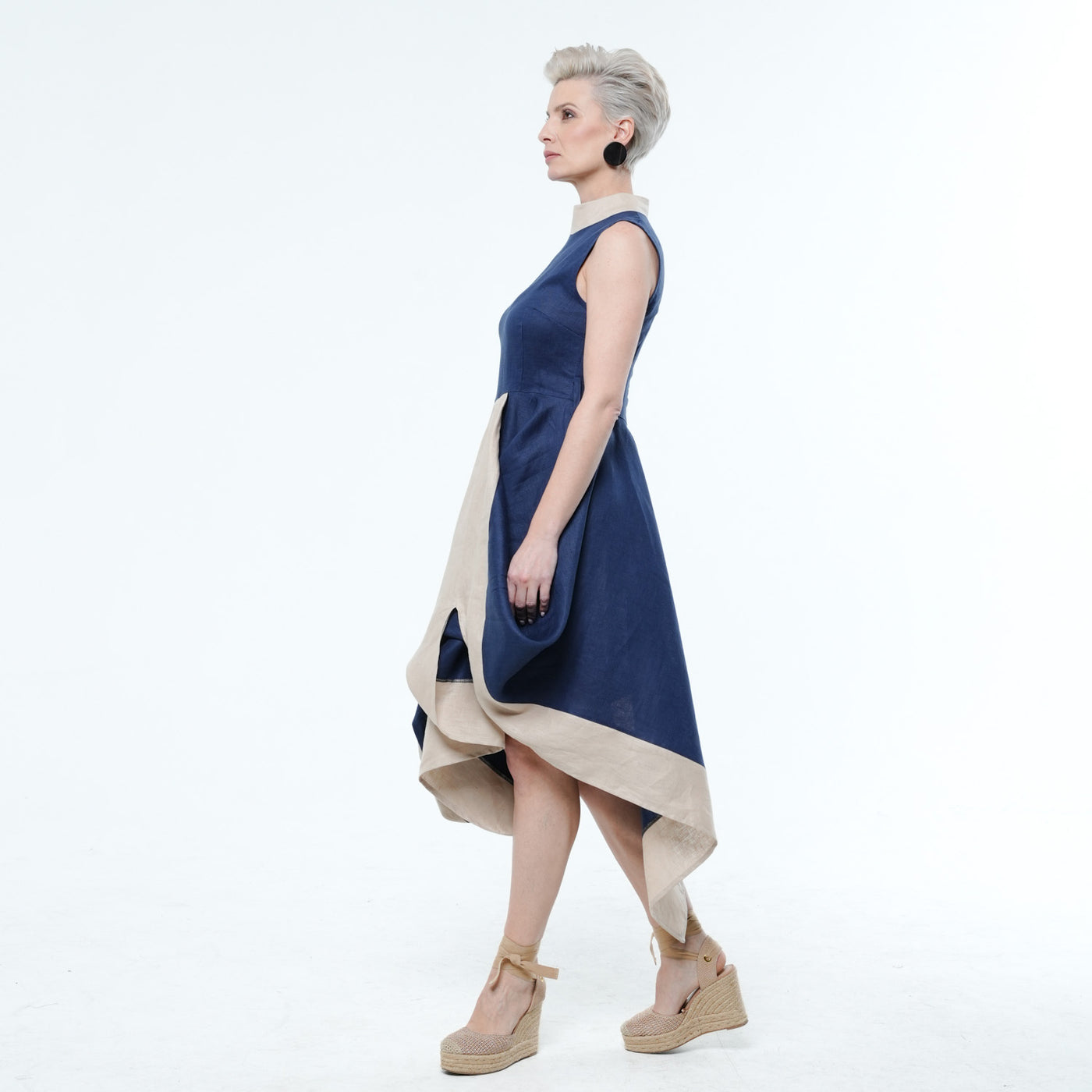 Asymmetrical Linen Dress In Blue and Beige