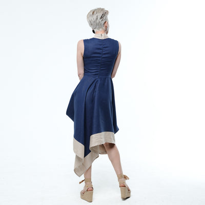 Asymmetrical Linen Dress In Blue and Beige