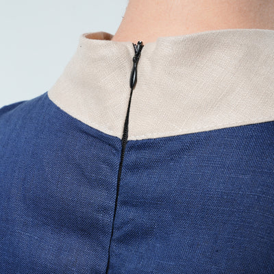 Asymmetrical Linen Dress In Blue and Beige