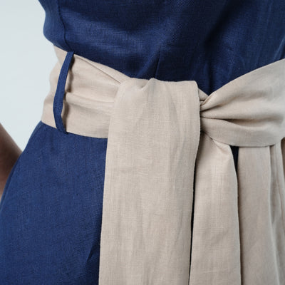 Asymmetrical Linen Dress In Blue and Beige