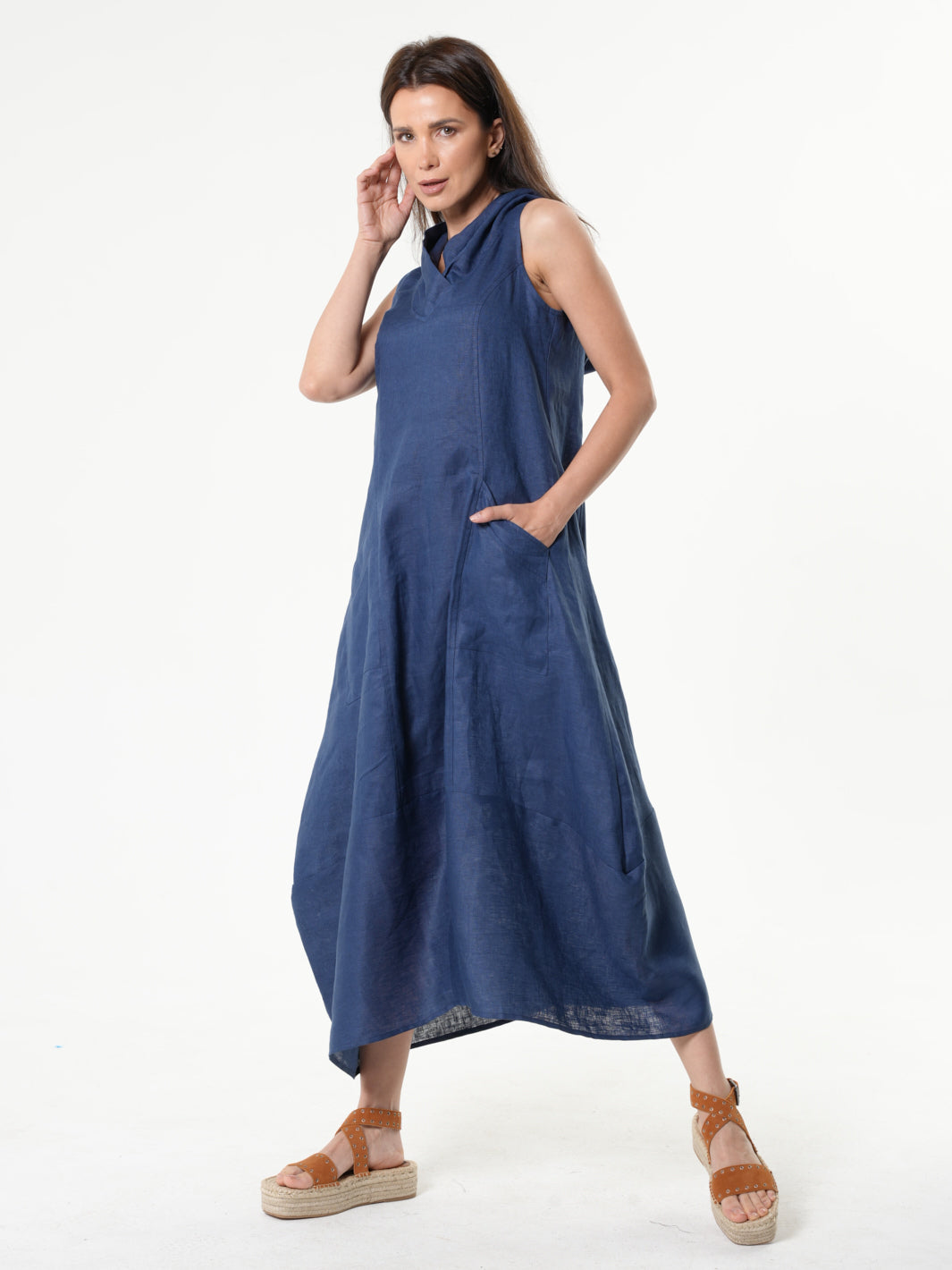 Linen Hooded Dress In Blue