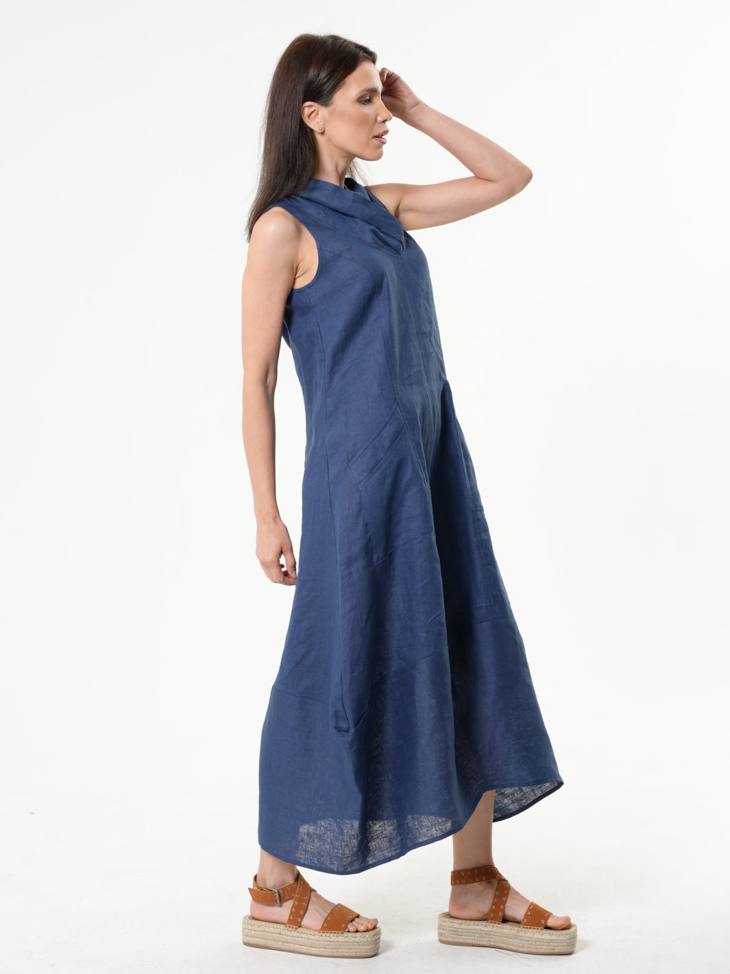 Linen Hooded Dress In Blue