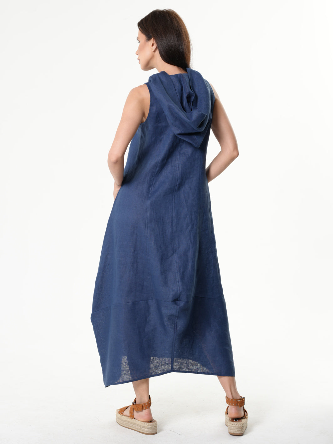 Linen Hooded Dress In Blue